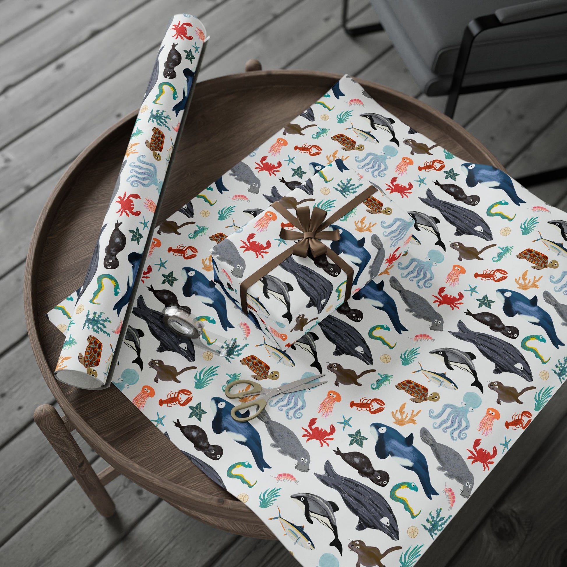 A product shot of Sea Change: Ocean Animals Gift Wrap by Rocket Boogie Co.