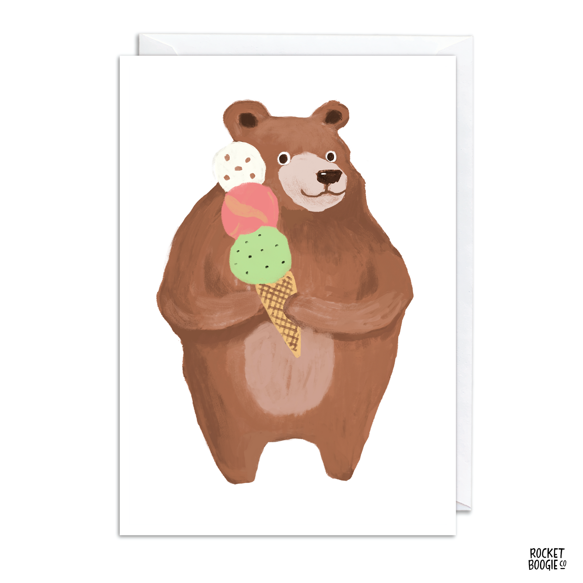 A greeting card featuring a illustration of a bear holding an ice cream cone with three scoops of different colored ice cream. The card is set against a white background and has a blank interior.