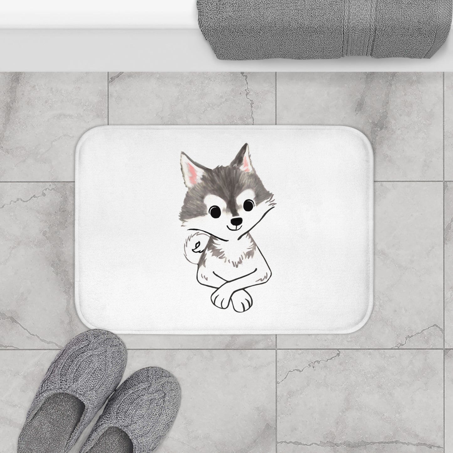 Grey and White Klee Kai Cross Bath Mat