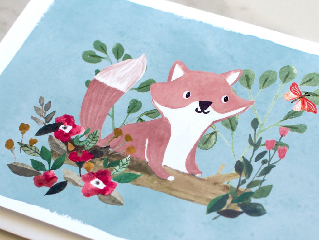 Greeting card with fox and flowers on a light background