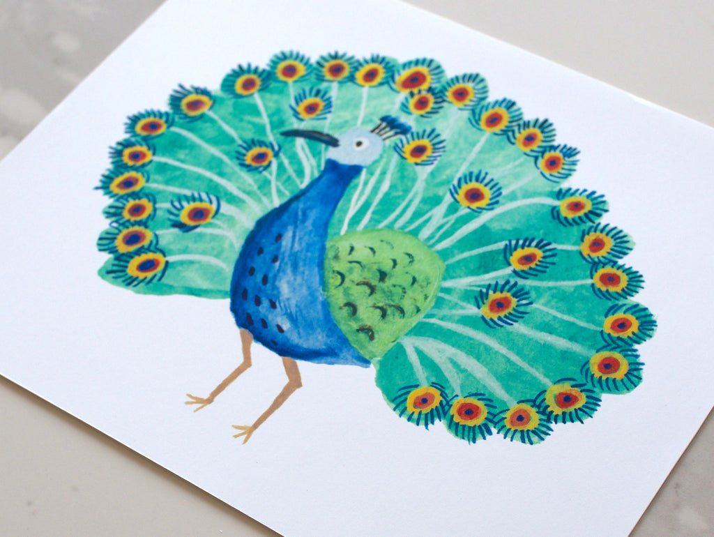 Illustration of a peacock on a white background.