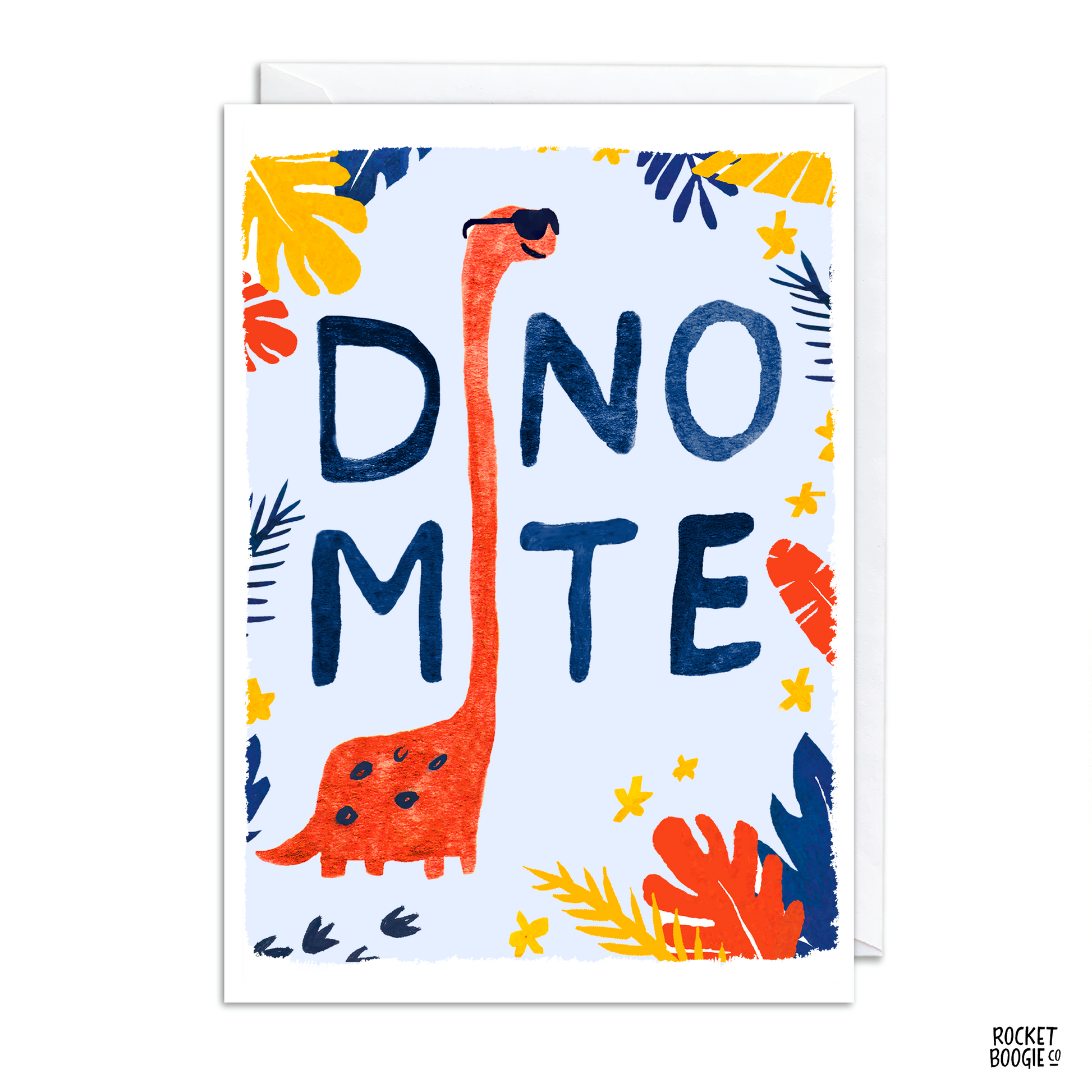 Greeting card with dinosaur illustration and 'Dinomite' text on a white background