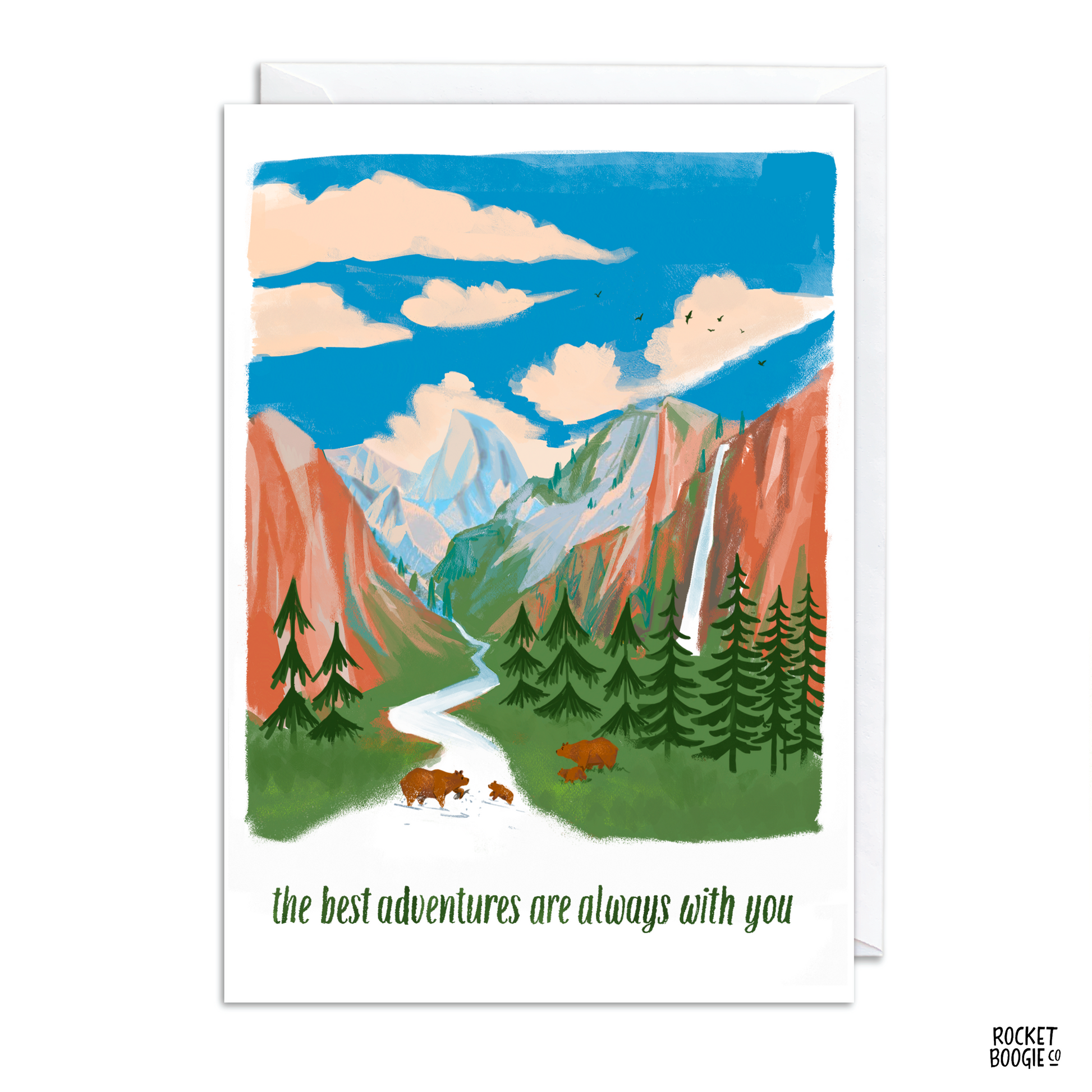 Illustration of a mountain landscape with trees and bears, featuring the text 'the best adventures are always with you'.