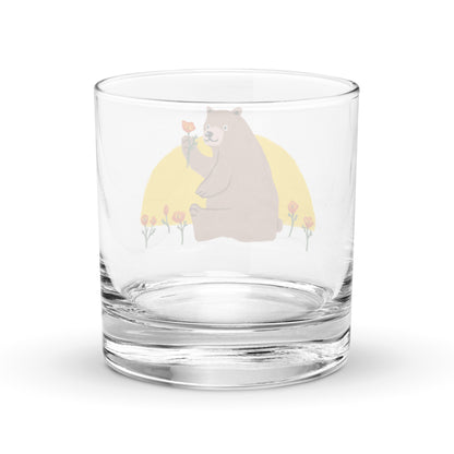 California Bear with Poppy Flower Rocks Glass