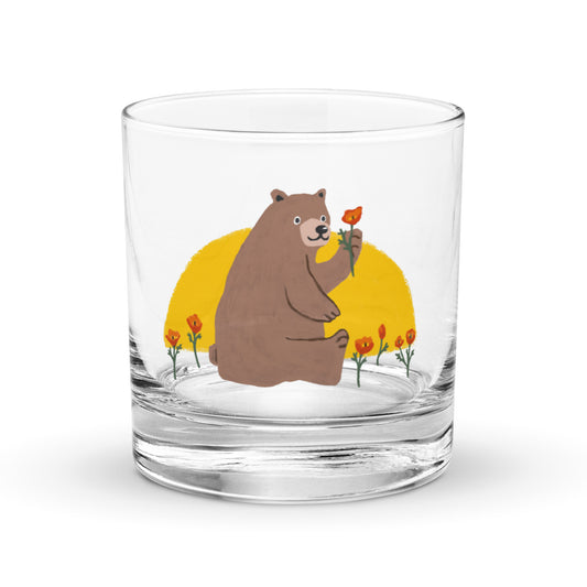 California Bear with Poppy Flower Rocks Glass