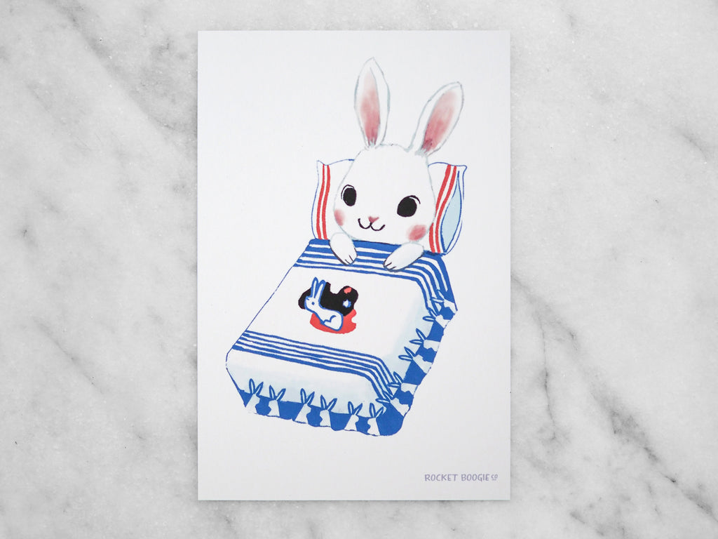White Rabbit Bunny Bedtime Mini Print / Postcard