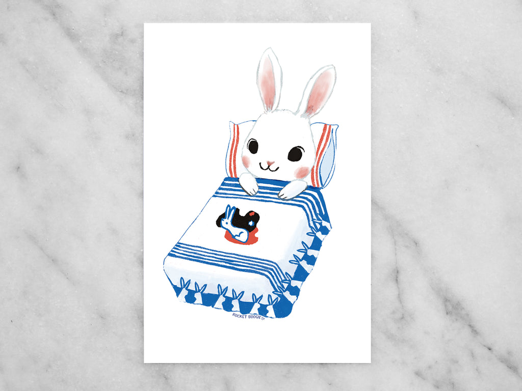 White Rabbit Bunny Bedtime Mini Print / Postcard