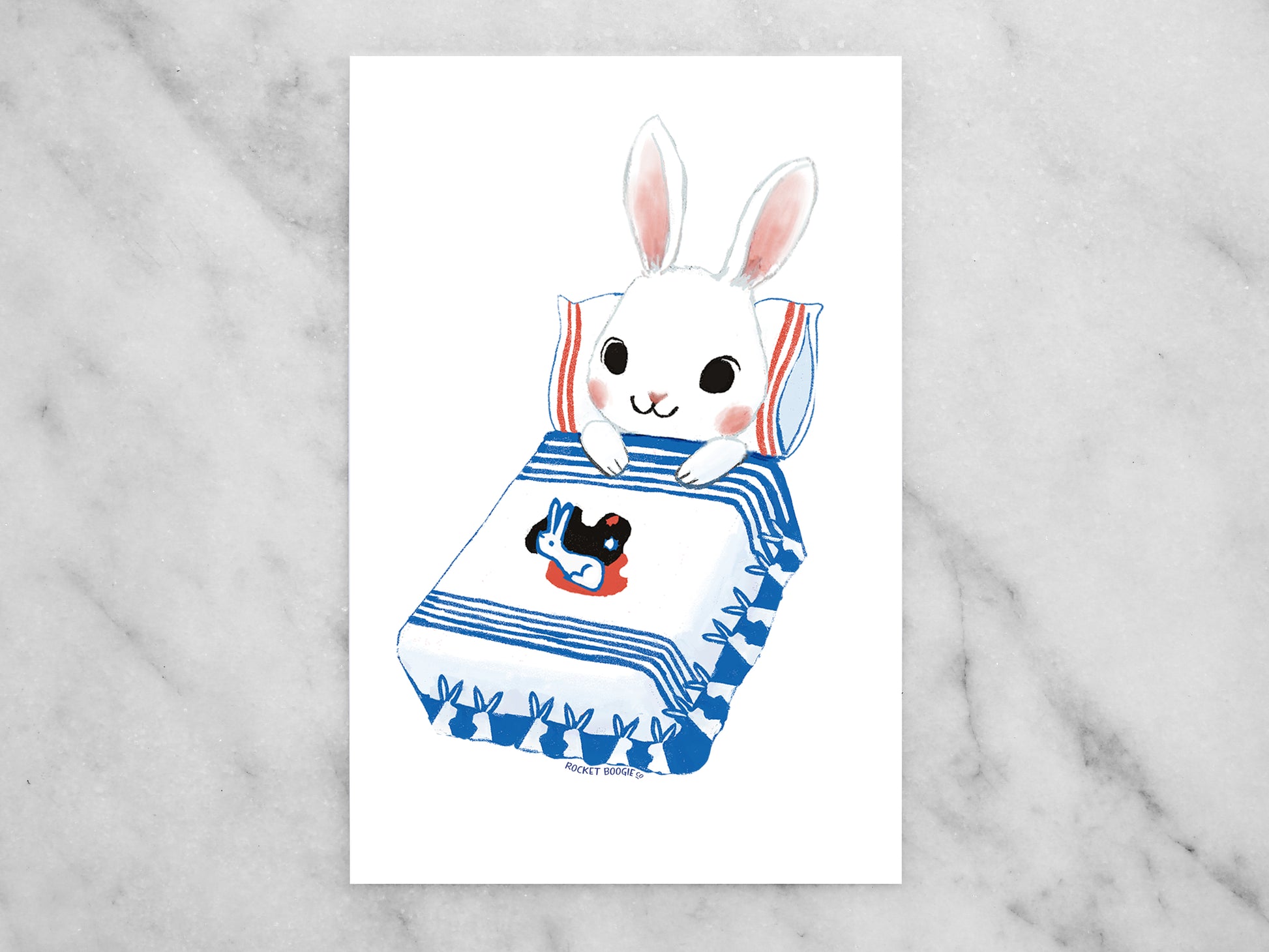 White Rabbit Bunny Bedtime Mini Print / Postcard