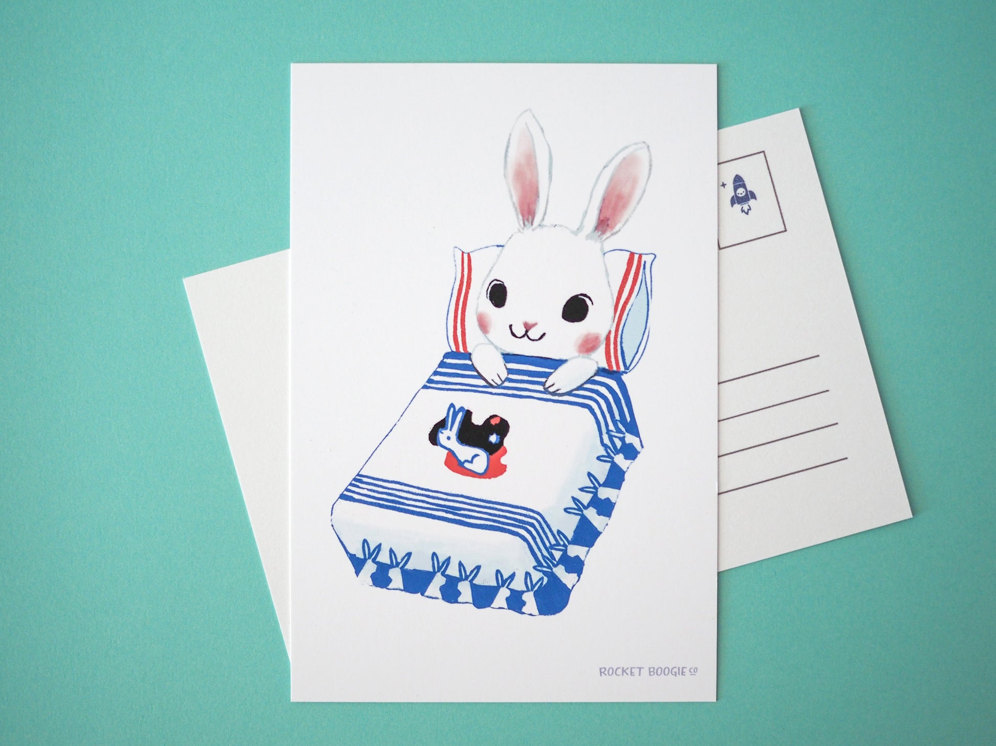 White Rabbit Bunny Bedtime Mini Print / Postcard