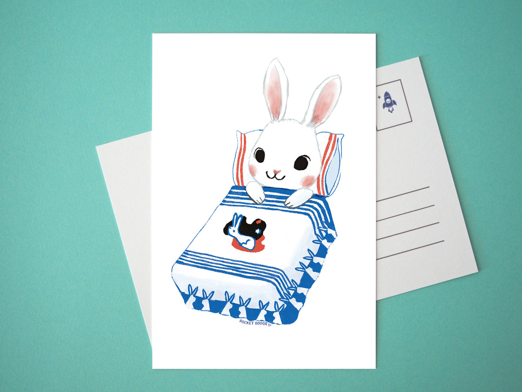 White Rabbit Bunny Bedtime Mini Print / Postcard